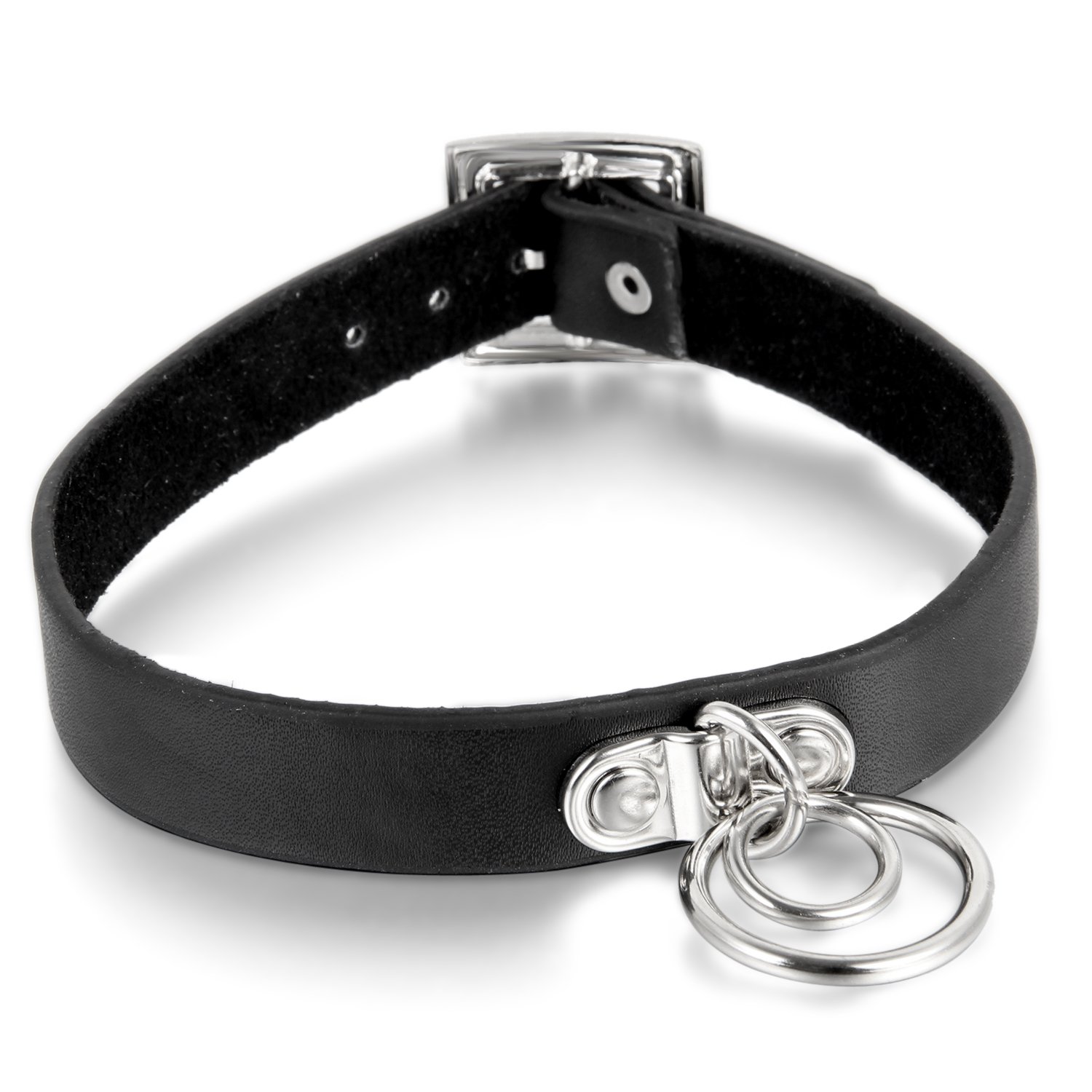 Flongo Women Punk Rock Gothic Harajuku Silver Double Dual O-Rings Vintage Buckled Adjustable Black Leather Necklace Neckband Collar Choker for Christmas Halloween Valentine's Day
