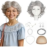 S-noilite 7PCS Old Lady Wig Set,Gray Wavy Realistic Style Grandma Costume Wig for 100 Days of School Cosplay Halloween Party(Granny Wig/Cap/Glasses/Glasses Chain/Necklace/Bracelet/Earrings)