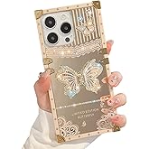 TETAW Cute Compatible with iPhone 15 Pro Max Case with Luxury Bling Glitter Butterfly Foldable Stand Kickstand,Glitter Soft PC Mirror Bumper Protective Cover for Women & Girls(Light Gold)