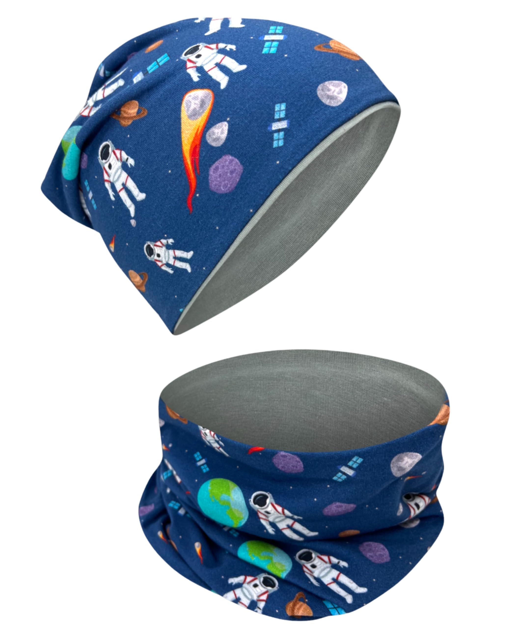 HECKBO Astronaut Beanie & Loop Scarf Set – Reversible Hat for Kids, 2–8 Years, 95% Cotton – Children’s Winter Hat (48–54 cm)