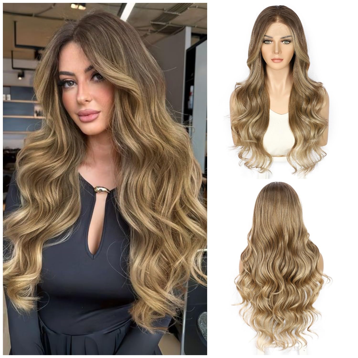 Sapphirewigs Blonde Lace Front Wig Synthetic Body Wave Ombre Blonde with Tips Balayage Synthetic Lace Front Wigs for Women Party Date Daily Wear Christmas Natural Looking 26 inch