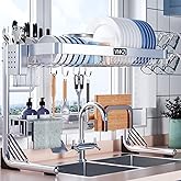 VNKZI Over Sink Dish Drying Rack, 2 Tier Full Stainless Steel Storage Adjustable Length (25.98'' to 36.61'') Kitchen Rack, Mu