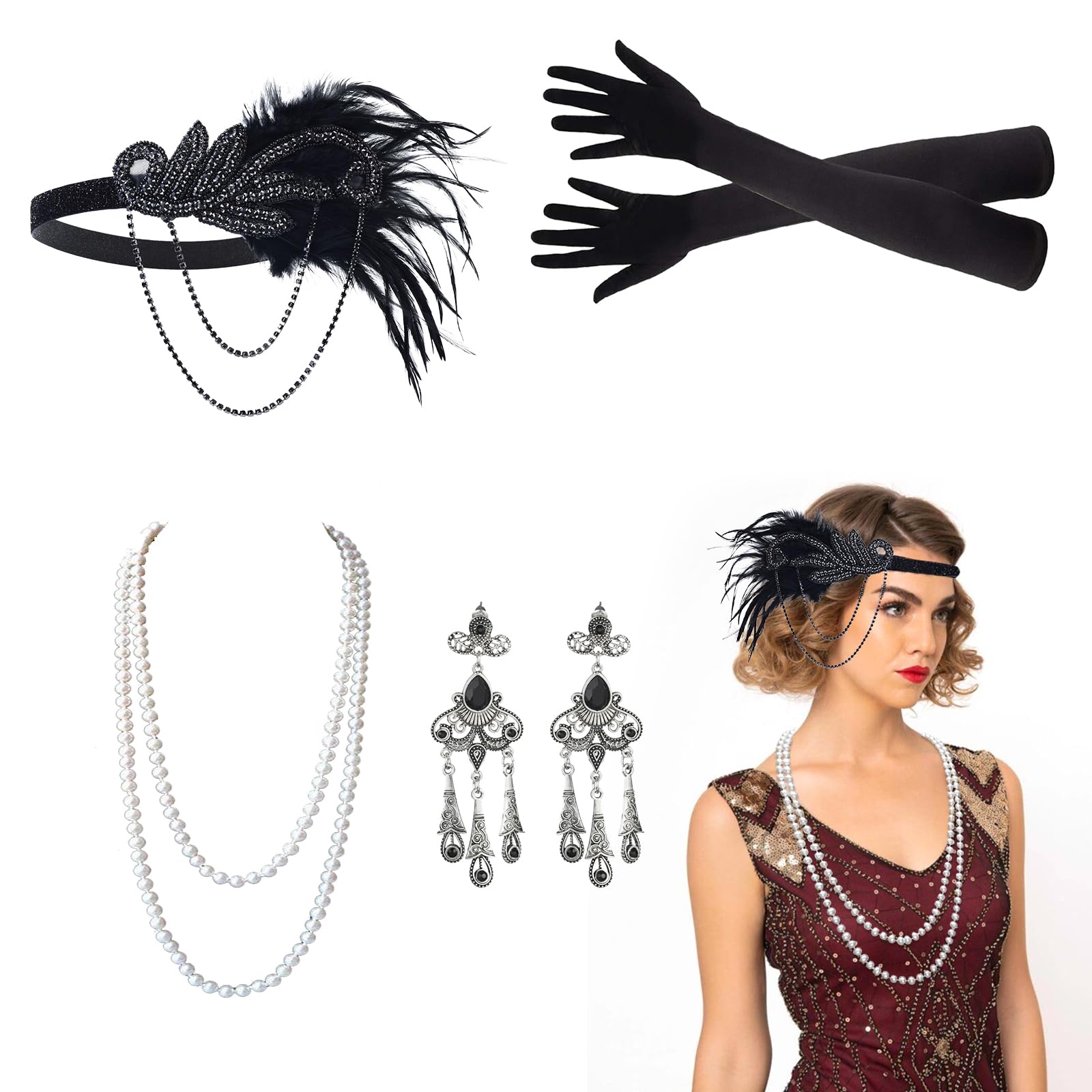 VIKSAUN 5 Pcs 1920 Accessories Set Great Gatsby Fancy Dress, Flapper Accessories, Long Gloves Pearl Necklace Great Gatsby Accessories for Women,Headband Headpiece,Ladies Charleston Fancy Set (5 Pcs)