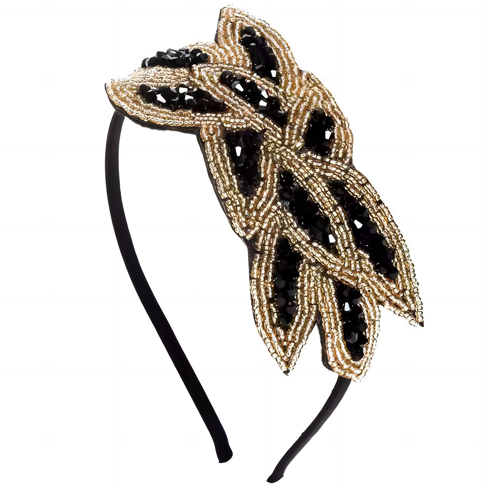 PAITOK 1920s Vintage Headband Beaded Leaf Flapper Headpiece Elegant Crystal Decorative Headband Hair Accessories for Women Costume Party (Black+Gold)