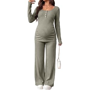 BLENCOT Maternity Clothes Ribbed Long Sleeve Sets Button 2 Piece Outfits | Fall Casual Comfy Knit Pajamas, Pregnancy Loungewe
