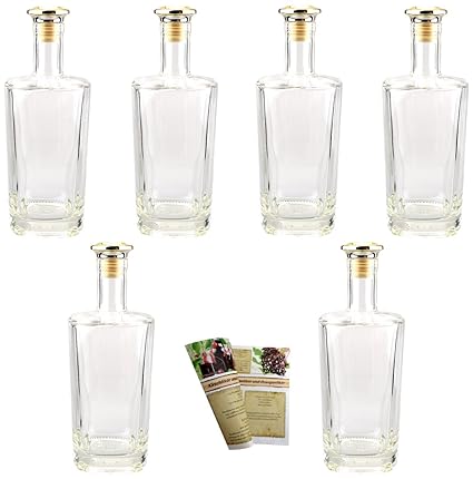 gouveo 6er Set Flasche Decanter ELSA inkl. Goldgriffkorken, Likörflaschen, Schnapsflaschen, Essigflaschen, Ölflaschen
