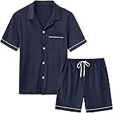 MoFiz Mens Cotton Pajamas Set Sleepwear Shorts Soft Summer Button Down Pjs Set 2 Piece Loungewear with Pockets S-3Xl