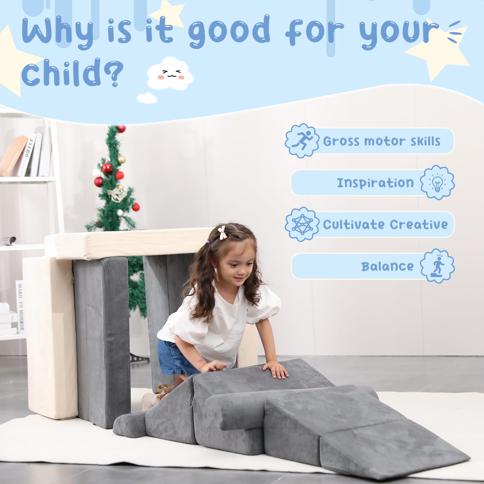 MOOZHEALTH Kids Play Couch- Modular Playset Foam Climbing Blocks for Toddlers Children with Square Ball Pit,Convertible Foam Couch Sofa Indoor Furniture for Playroom, Bedroom(Gray)