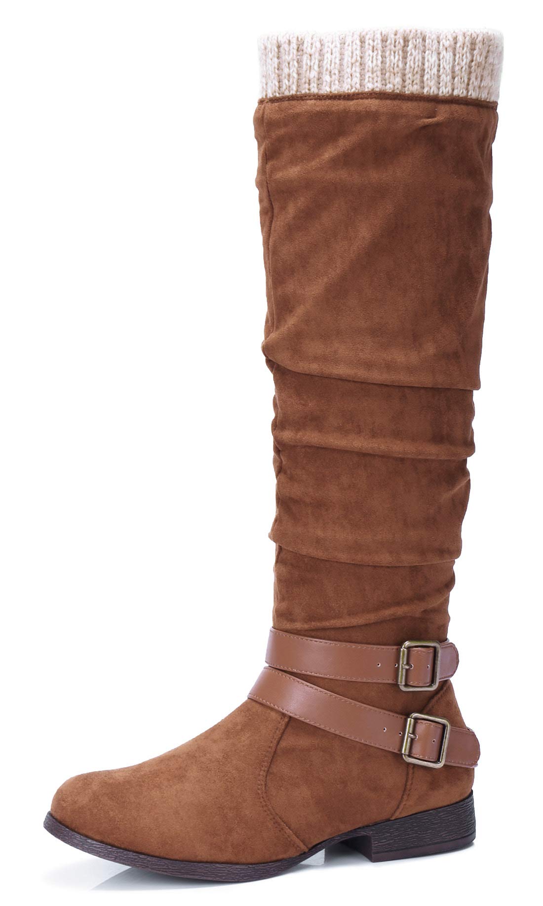 CAMEL CROWN Women\'s Faxu Suede Knee High Slouch Boots Wide Calf Low Block Heel Winter Riding Boots with Zipper Buckle Strap,Tan,Size 5.5UK