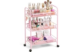 TOOLF 3 Tier Rolling Utility Cart - Durable Metal Design Pink Utility Cart, Storage Trolley on Wheels with 3 Hooks, Perfect for Kitchen, Bathroom & Laundry Room Organization