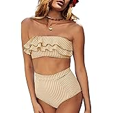 Saodimallsu Women High Waisted 2 Piece Bikini Set Bandeau Ruffle Swimsuit Top Striped Bathing Suits
