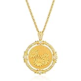 MTMY Birth Flower Necklaces for Women 14K Gold Plated Birth Flower with Birthstone Chunky Reversible Rotatable Disc Pendant Necklaces Jewelry