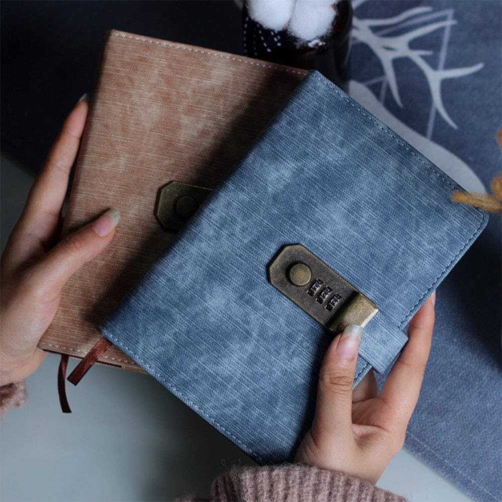 Password Notebook B6 Vintage Notebook with Lock Retro Leather Journal Secret Diary Denim Textured Writing Notebook Lined Thick Agenda Meeting Book with Pen Holder Gift for Boys Girls - Image 4