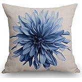 SSOIU Light Blue Flower Throw Pillow Cover, Dahlia Flower Decorative Throw Pillow Covers Cotton Linen Pillow Cases 18" x 18" for Home Decor