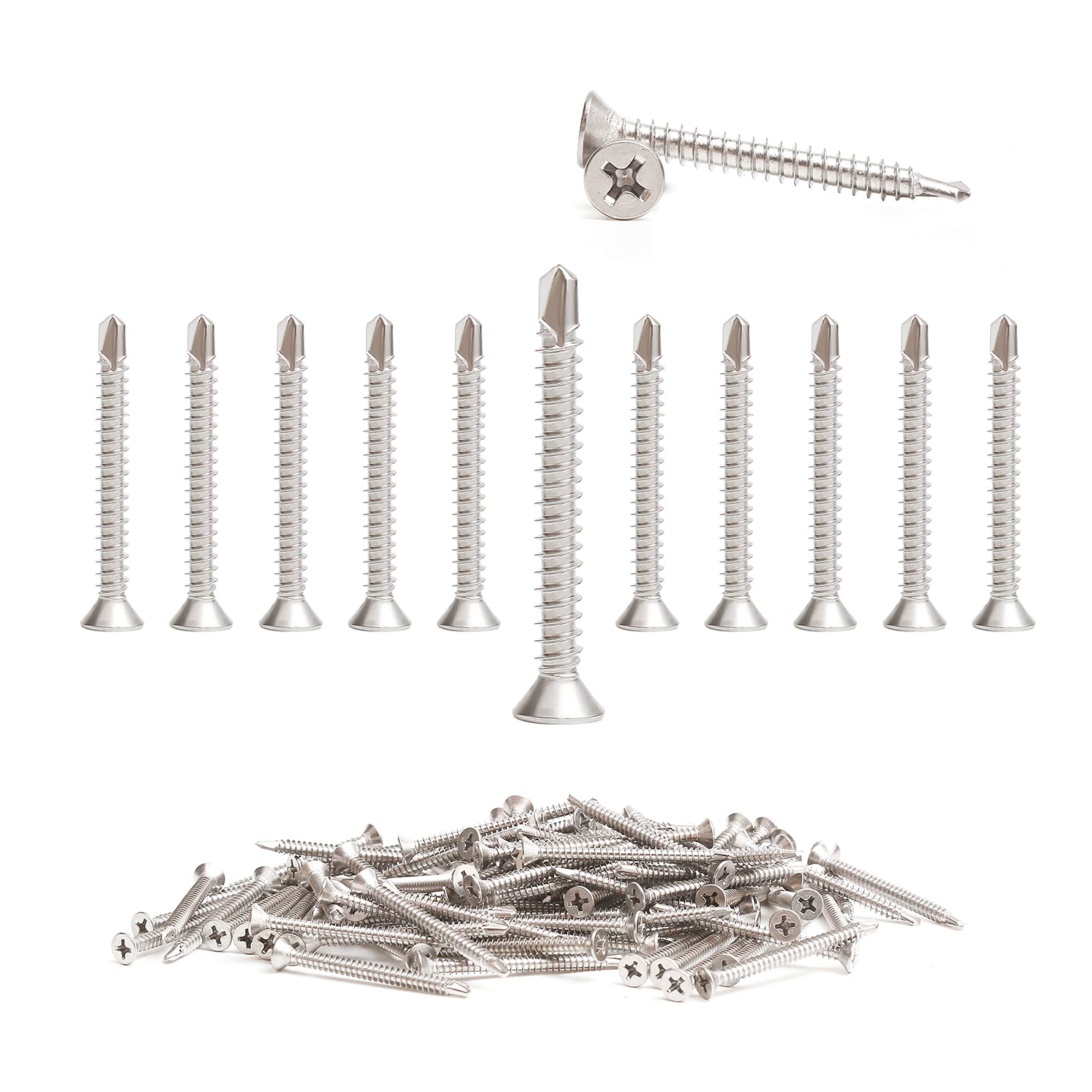 100 pcs Self Drilling Screws,Self Tapping Screws,Cross Drive Flat Head Self Tapping Screws,Countersunk Head Fastening Screws,Screw Countersunk Bolts Stainless Steel Fastener Repair Tools (M4.2*38MM)