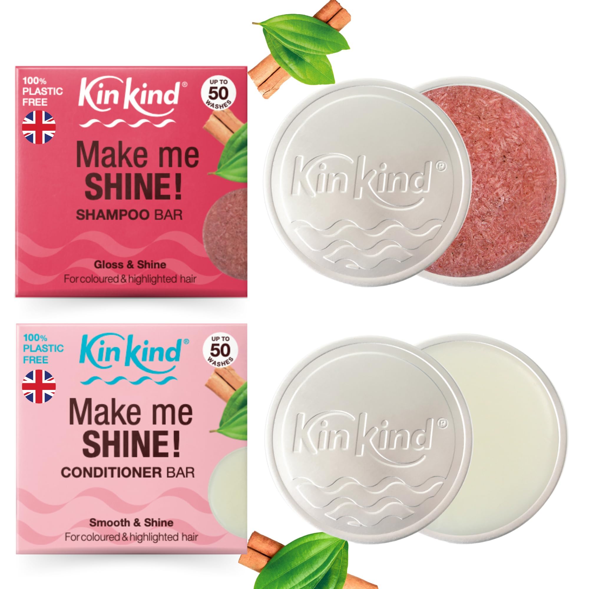 KinKind Make me SHINE! Travel Shampoo and Conditioner Bars. Up to 50 washes. Travel size shampoo toiletries set with 2 shampoo bar tins. No leakage. Ideal for holidays, gym & pool — image 1