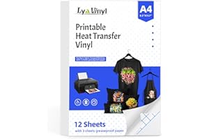 LYA VINYL Printable Heat Transfer Vinyl for T Shirts 12 Sheets - 8.5" X 11" Printable Heat Transfer Paper for Inkjet Print - 12 Sheets Iron on Transfer Vinyl for Dark