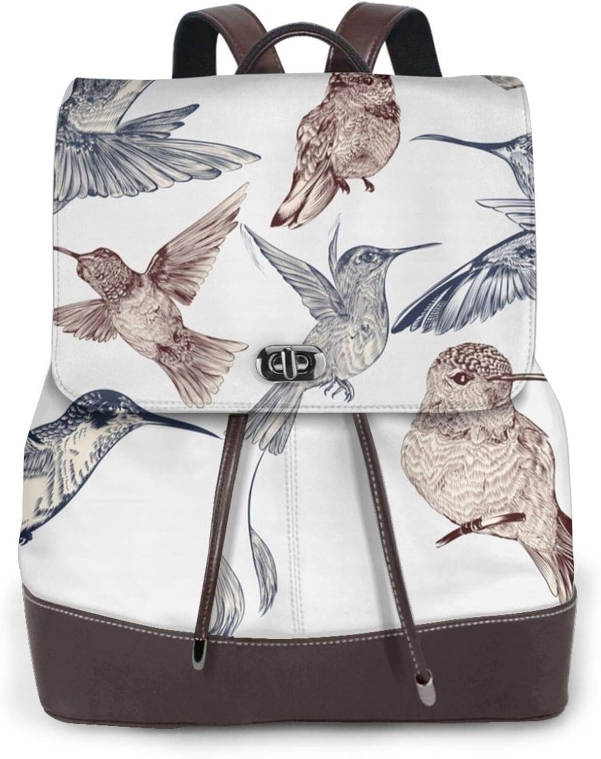 Women'S Leather Backpack,Handdrawn Birds Print Women'S