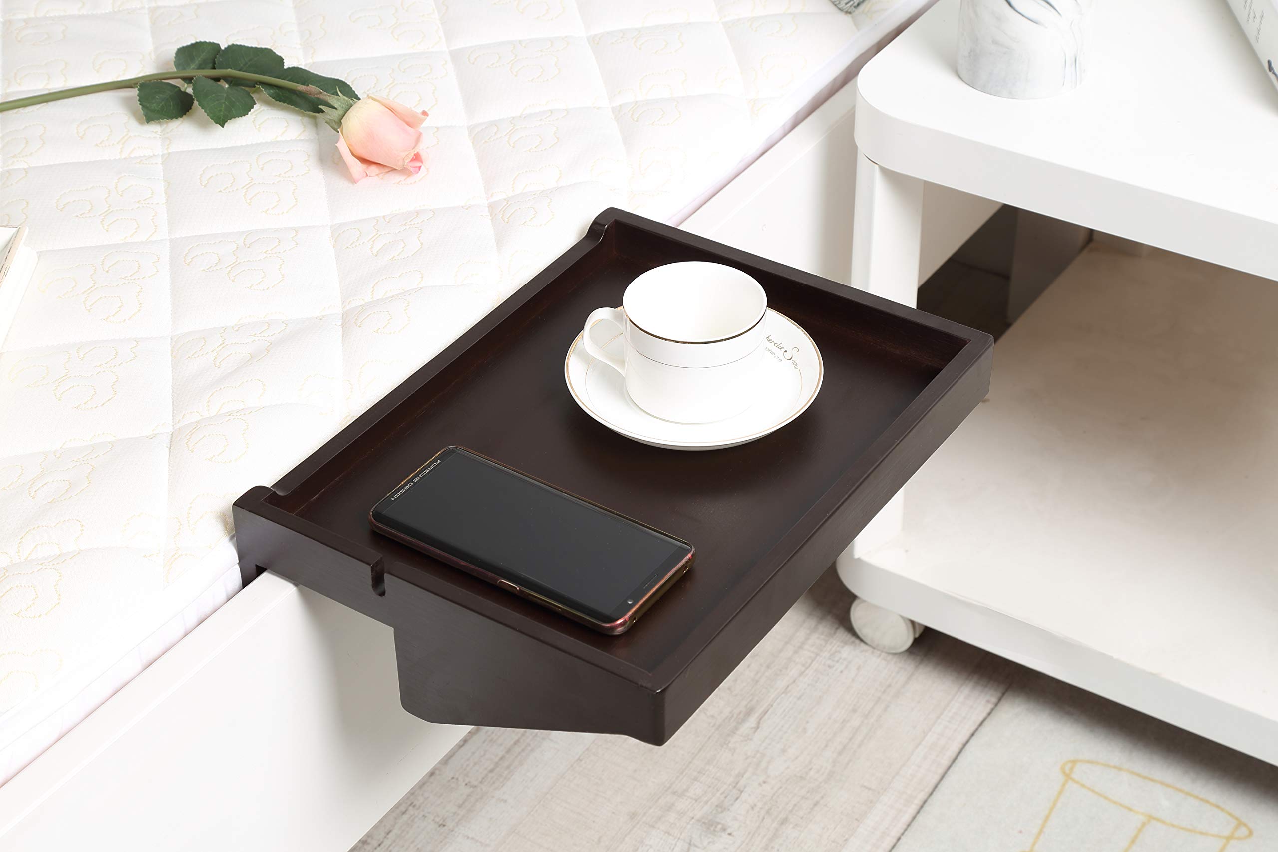 woodluv Eco Friendly 100% Bamboo Clip-on Bed Side shelf Table Tray, Walnut - 33 x 25 x 8.5 cms
