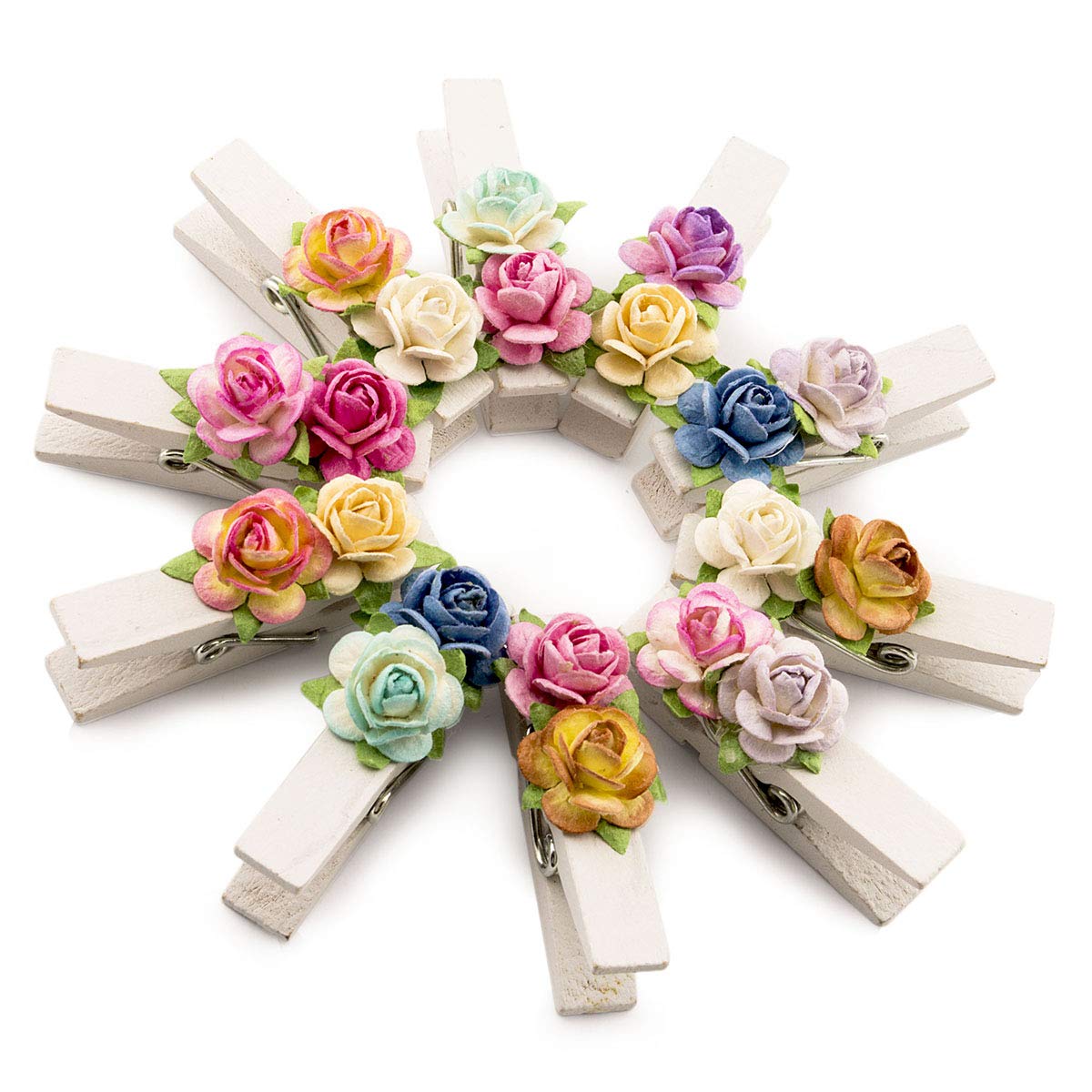 Summer-Ray 20 Handmade Mulberry Flower Decorated Mini White Wooden Clothespin Fridge Magnet