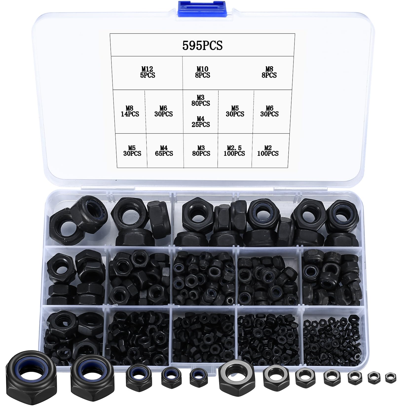595 Pcs Nyloc Nuts, Lock Nuts, Stainless Steel Assorted Self Locking NutsNylon Inserts NutsLocknut Fastening Nut for Bolts & Screws, Hex Nut, M2 M2.5 M3 M4 M5 M6 M8 M10 M12
