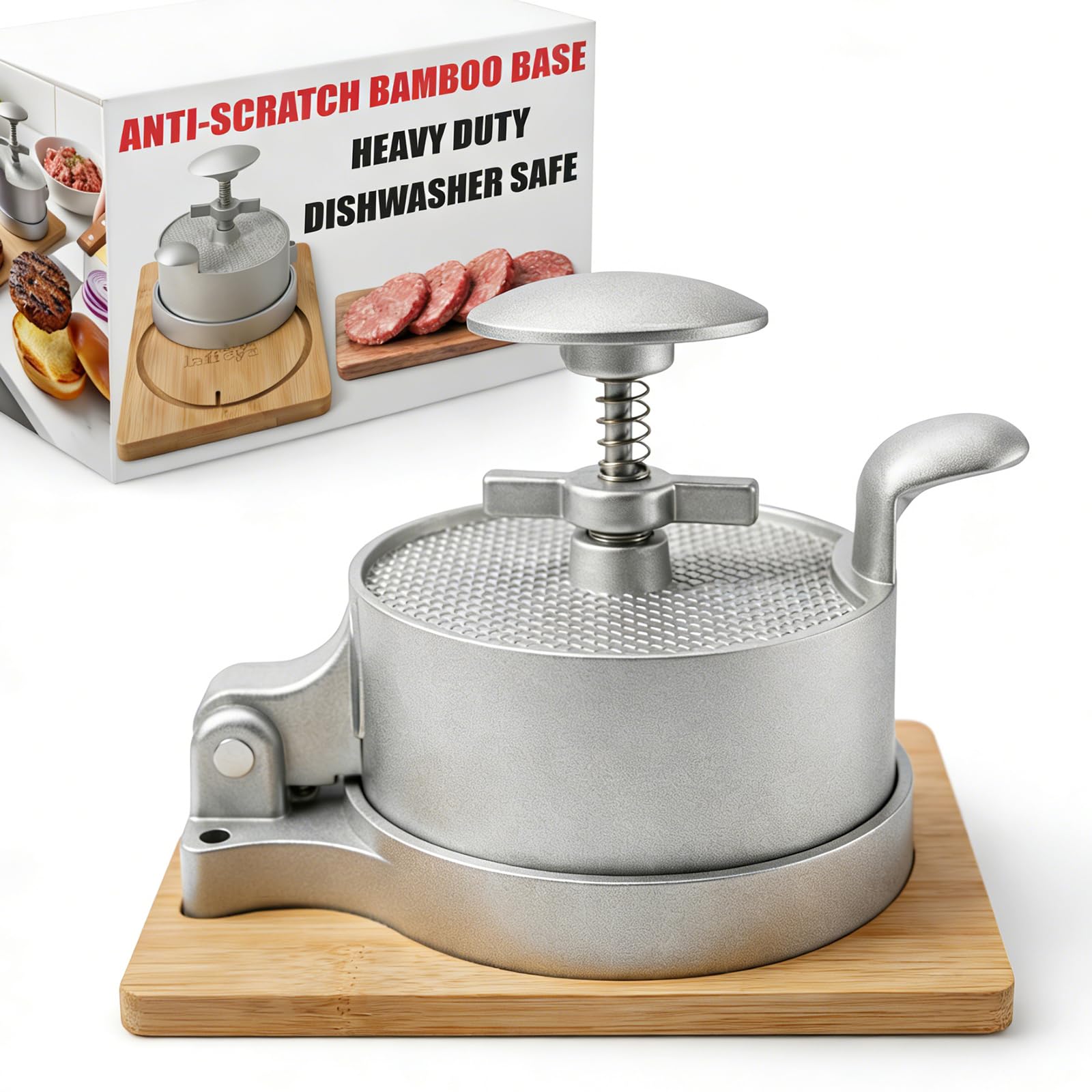 laffeya Hamburger Press Patty Maker, Patty Press & Wood Stand, Patty Makers, Adjustable Spring Burger Press, Push Plunger Hamburger Press (Spring Burger Press) — image 1
