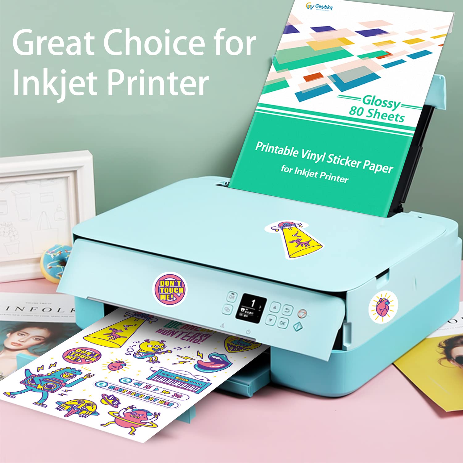 Gwybkq Glossy Sticker Paper Printable Vinyl for Inkjet Printer, 80 Sheets Labels Waterproof Decal Paper