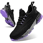 SPIEZ Safety Shoes for Women, Composite Toe Work Shoes with Air Cushioned Comfort, Lightweight Puncture Proof Safety Sneakers for Work and Daily Wear, Black Pink/Purple US4.5–10