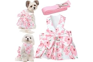 LAPOHI Dog Dress Bowknot Harness Leash Set for Small Girl Dogs Pink Floral Dog Cat Clothes Cute Puppy Outfits Pet Clothes Spring Summer Breathable Dresses(Medium)