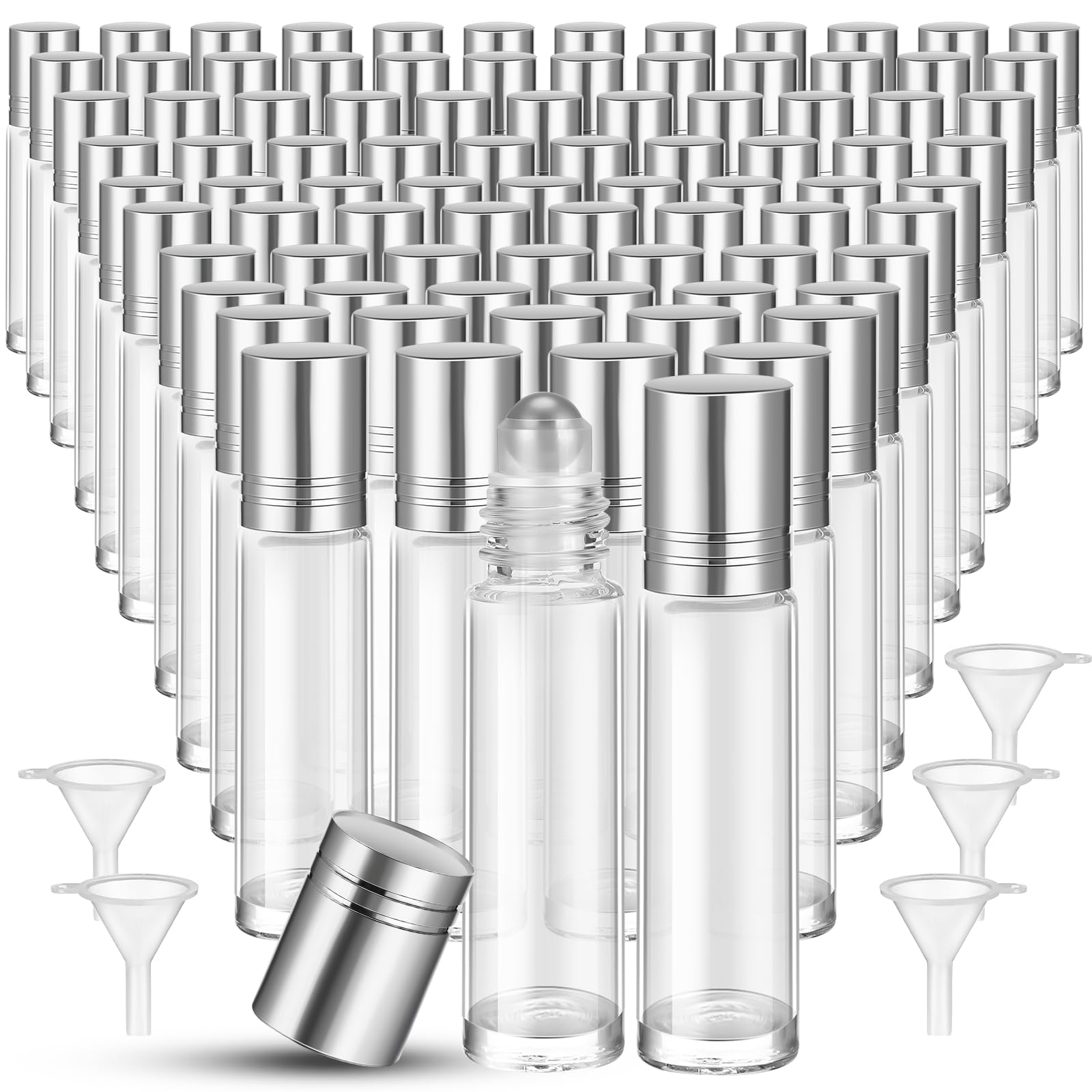 Photo 1 of SEEWEY 96 Pcs Essential Oil Roller Bottles 10ml Empty Glass Roller Bottles with Stainless Steel Balls Protection Leakproof with 5 Funnel for Travel Perfume Lip Gloss (Clear, White Lid)