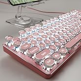 Wired Typewriter Style Mechanical Keyboard with White Backlit, Cute-Pink | Retro Punk Round Keycaps, Metal Panel, Clicky Blue Switch, 104 Keys Full Size Desk Setup for Windows PC, Mac, Desktop, Laptop