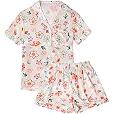 LYANER Women's Satin Pajamas Set Short Sleeve Button Shirt Silky Sleepwear with Shorts Set PJ