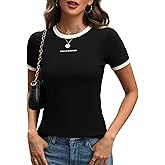 DCCISU Women's Crewneck Short Sleeve T Shirts Summer Letter Print Slim Fit Ribbed Basic Tee Tops