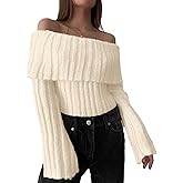 BreathSunny Womens Off The Shoulder Cute Sweater Spring 2026 Long Bell Sleeve Slim Fit Off Shoulder Pullover Sweaters