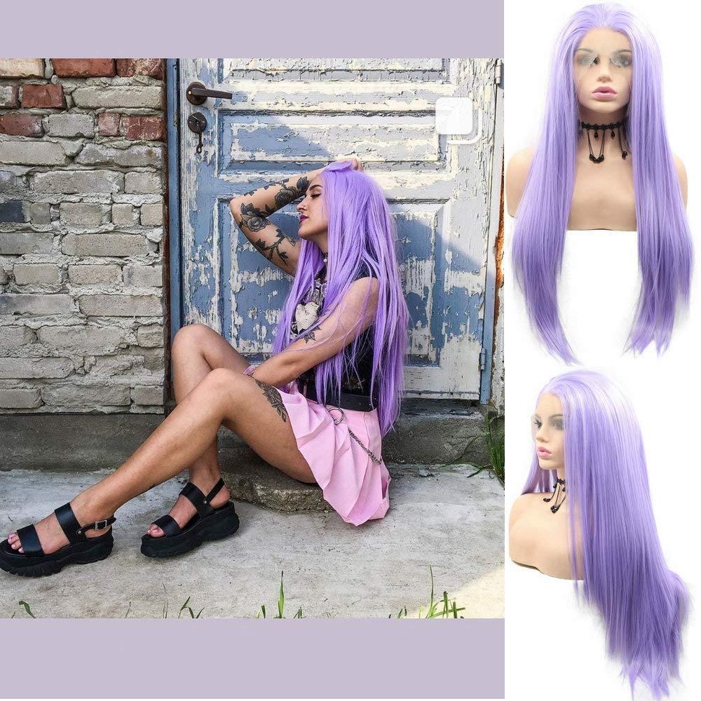 RainaHair 26 inches Long Soft Straight Hair Pastel Lilac Purple Wig Middle Parting Heat Resistant Synthetic Lace Front Wigs for Women Ladies Cosplay Party Mermaid Drag Queen Wigs(Light Purple)