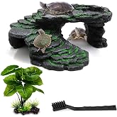 MoonOrange Turtle Basking Platform Kit, Reptile Habitat Hideout, Decorative Resin for Aquarium &amp; Terrarium, Including Artificial Plant and Cleaning Brush. (B-Medium-Black)