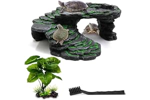 MoonOrange Turtle Basking Platform Kit, Reptile Habitat Hideout, Decorative Resin for Aquarium & Terrarium, Including Artificial Plant and Cleaning Brush. (B-Medium-Black)