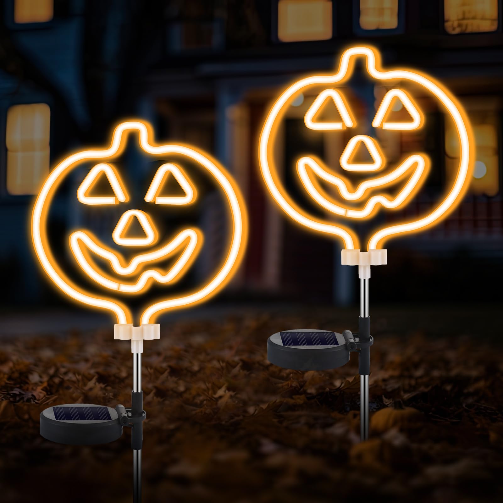 Photo 1 of Glooglitter 2 Pcs Halloween Decoration Outdoor Solar Halloween Garden Stake Lights Neon Solar Outdoor Waterproof Decoration with Stake for Garden Monument Yard Party Supplies(Pumpkin)