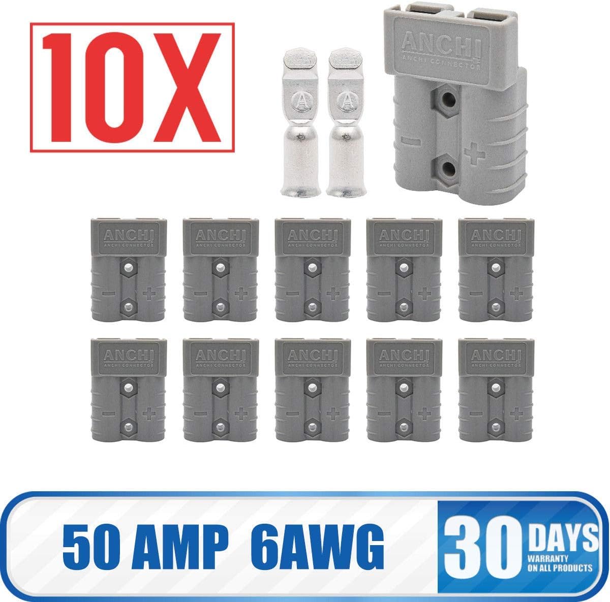 HugeAuto Battery Connector - Anderson Connection Plug 50 AMP 600V - Cable Terminal - Jump Start - 10Pcs Grey