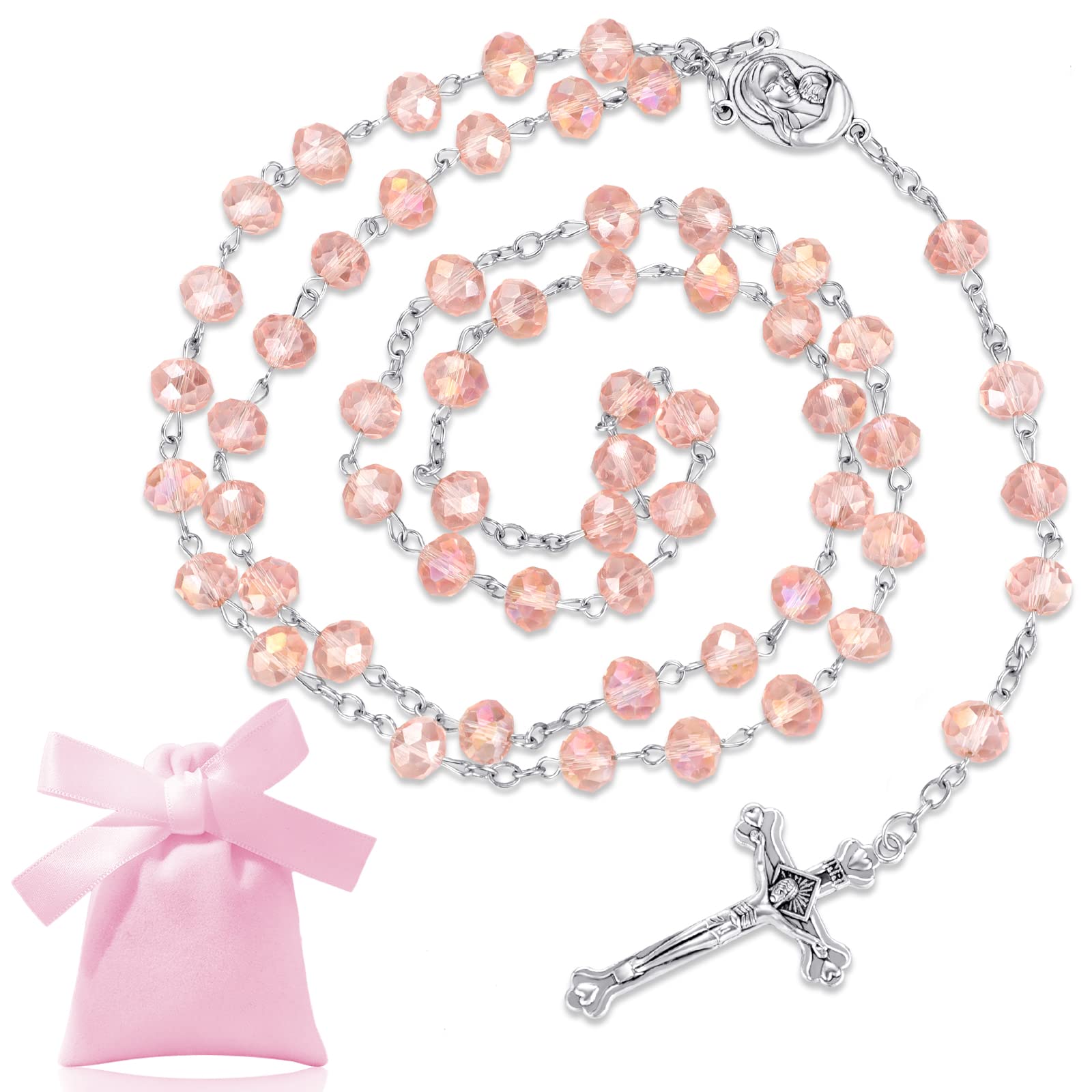 Hicarer Pink Rosary Beads Necklace Catholic Metal Crucifix Charm Necklace Long Holy Prayer Beads Necklace with Medal Cross Crucifix Charm and Velvet Drawstring Bag for Women Men