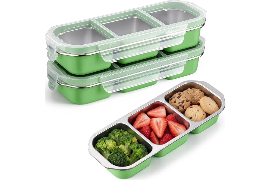FoldTier 2 Pack Stainless Steel Snack Container for Adults 3-compartment Leak-proof Lunch Box for Work, Travel 10.6 x 4.1 x 2 Inch Stackable Reusable Metal Bento Box (Green)