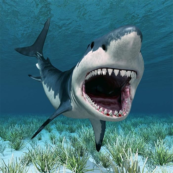 Yeele 5x5ft Vinyl Underwater World Backdrop Aquarium 3D Great White Shark Green Grass Ocean & Sea Cartoon Photography Background Boys Kids Happy Birthday Party Photo Studio Props