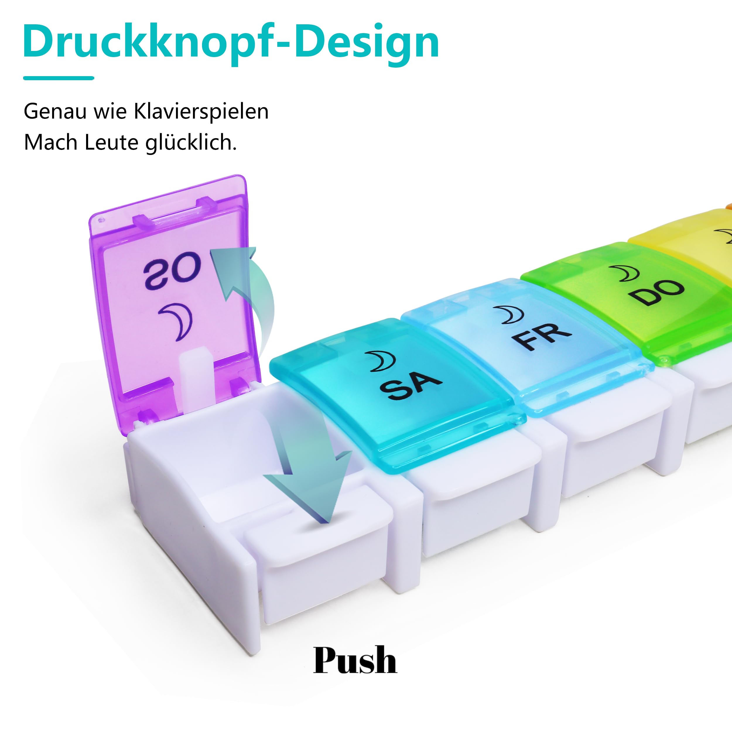 MOLN HYMY Medikamentenbox 7 Tage 2 Fächer, Pillendose Morgens Abends, Große Kapazität, BPA-frei, 14 Fächer, Druckknopf (Regenbogen) 2