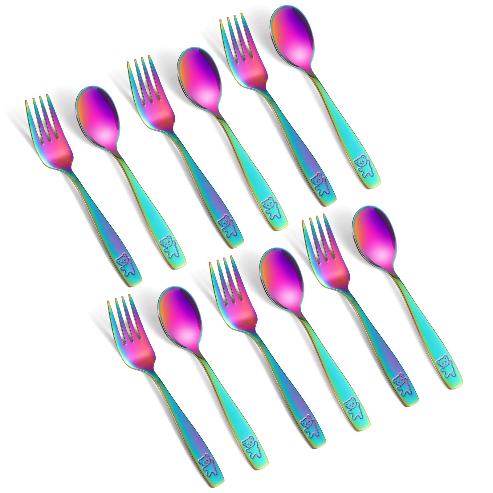 Pimoys 12 Pieces Toddler Utensils Kids Rainbow Silverware Set, Stainless Steel Childrens Safe Forks and Spoons, Metal Kids Cutlery Set, Dishwasher Safe