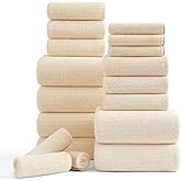 Ycosy 18 Piece Bath Towels Set,100% Microfiber Family Bathroom Towel with Hanging Loops-6 Bath Towels,6 Hand Towels,6 Washcloths,Quick Dry Highly Absorbent Shower Towel for Bathroom,Hotel,Spa-Beige