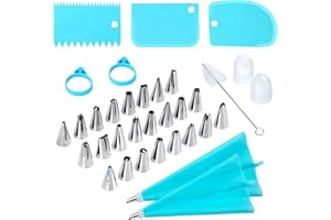 34PCS Cake Decorating Supplies Kit Stainless Steel Tips and Piping Bags with Icing Scraper Pastry Bag Ties Reusable Coupler S