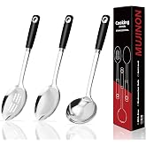 MUJINON 14-in Cooking Spoons Set, Heavy Duty 18/0 Stainless Steel Large Serving Spoons Set, Slotted Spoon, Cooking Spoon &amp; Soup Ladle, Commercial and Residential Use, Pack of 3