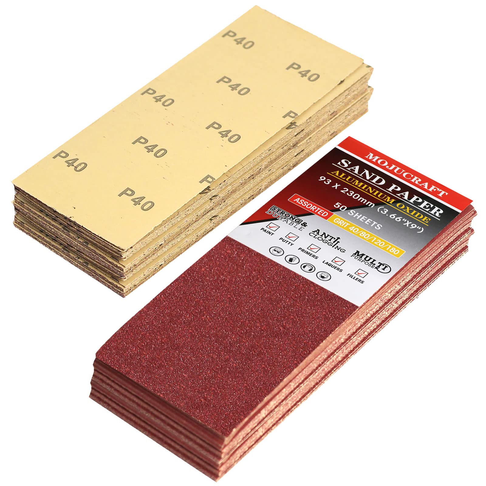 Mojucraft 25 Sheets of Sandpaper, Sandpaper Wood 40/80/120/220 Grit Sandpaper Set for Wood Metal 93 x 230 mm Multipurpose Sandpaper Sheets Cut for Use on Hand Sanders