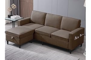 PUREMIND Modular Sectional Sofa Couch for Living Room, 78" 3-Seat Convertible Sofa with Storage Ottoman, Modern Linen Fabric L-Shaped Couch for Small Spaces, Bedroom, Apartment (Coffee)