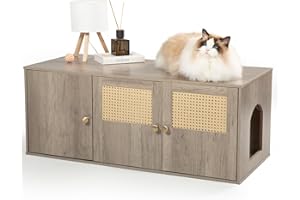 FURRIENDS Cat Litter Box Enclosure Furniture with Storage, Hidden Litter Box Cabinet 42.5"L x 18.5"W x 16.9"H, Double as Cat House TV Stand End Table for Living Room, Midcentury Modern Style (Ash, Rattan Doors)
